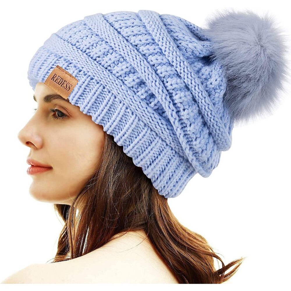 〽️Women light Blue Winter Pom Pom Beanie Hat with Warm Fleece Lined XL